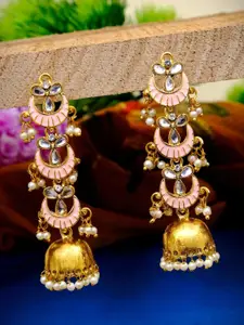 Crunchy Fashion Gold-Plated & Pink Chandwali With Beads Contemporary Jhumkas Earrings