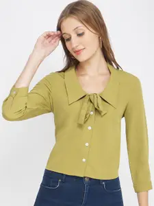 Oxolloxo Women Green Casual Shirt Crop Top With Tie-up Detail