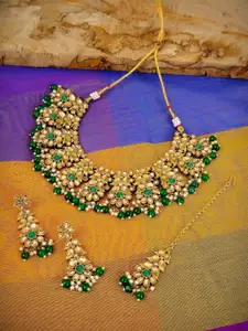 Crunchy Fashion Gold-Plated Green & White Traditional Floral Gold Plated Necklace Set