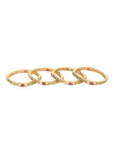 Adwitiya Collection Set Of 4 24CT Gold-Plated  White & Red Stone-Studded Handcrafted Bangles