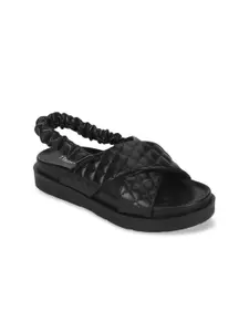 Truffle Collection Black Textured PU Flatform Sandals