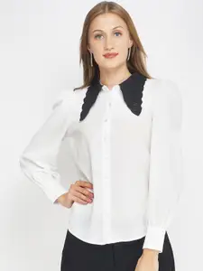 Oxolloxo Women White Contrast Collar Casual Shirt
