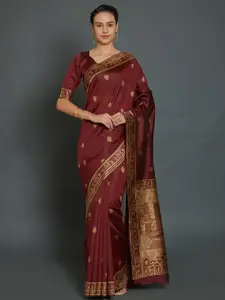 Mitera Maroon & Beige Ethnic Motifs Zari Silk Blend Banarasi Saree