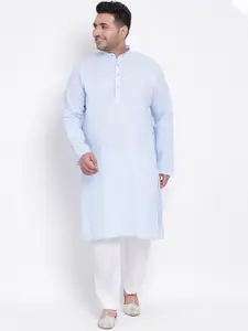 hangup plus Men Blue & White Linen Kurta with Pyjamas