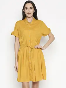 People Yellow Solid Above-Knee Shirt Dress