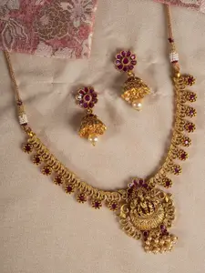 Shoshaa Gold Plated Red Color Handcrafted temple Necklace and Earrings Set