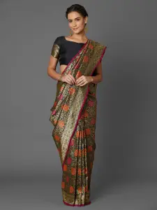 Mitera Black & Gold-Toned Floral Zari Silk Blend Banarasi Saree