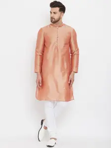 even Men Peach Solid Straight Kurta