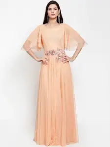 Just Wow Women Peach Flared Sleeves Net Maxi Dress