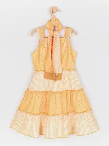 Peppermint Girls Yellow & White Printed Tiered Fit & Flare Dress with Stole
