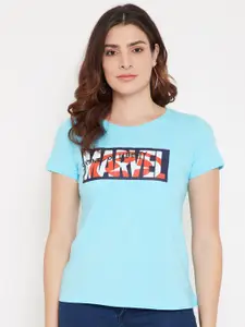Marvel by Wear Your Mind Women Blue Marvel Printed Pure Cotton T-shirt