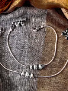 TEEJH Set Of 2 Oxidised Silver-Toned Beaded Anklets