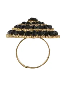 Crunchy Fashion Gold-Plated Black Crystal-Studded Antique Finger Ring