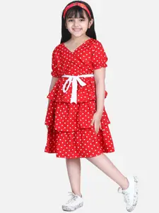 StyleStone Girls Red Polka Multi Tier Dress with belt