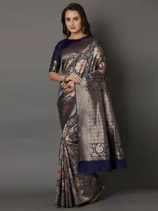 Mitera Navy Blue & Gold-Toned Floral Silk Blend Saree