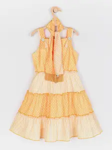 Peppermint Girls Yellow Polka Dots & Striped Fit & Flare Dress With Stole