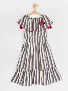 Peppermint Girls Grey & White Striped Off-Shoulder Layered Midi A-Line Dress