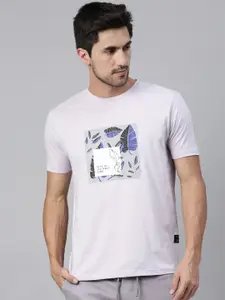 RARE RABBIT Men Lavender Typography   Printed Raw Edge T-shirt