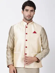 VASTRAMAY Men Cream & Maroon Solid Woven Design Nehru Jacket