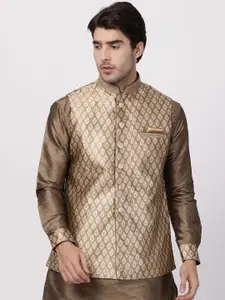 VASTRAMAY Men Gold Woven Design Slim-Fit Nehru Jacket