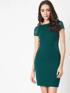 Miss Chase Women Green Embellished Sequined Bodycon Dress