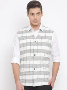 VASTRAMAY Men White & Grey Checked Slim-Fit Pure Cotton Woven Nehru Jacket