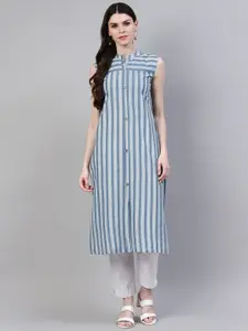 Stylum Women Grey & White Striped Thread Work Mandarin Collar Pure Cotton Kurta