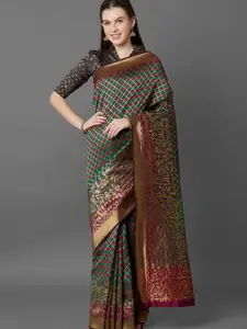 Mitera Green & Maroon Checked Silk Blend Banarasi Saree