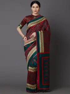 Mitera Green & Red Zig-Zag Printed Silk Cotton Saree