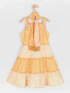 Peppermint Girls Yellow Polka Dot printed & Striped Fit & Flare Tiered Dress