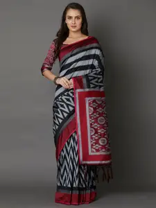 Mitera Cotton Silk Black & Grey Striped Saree with Matching Blouse