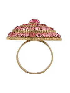 Crunchy Fashion Women Gold Plated Pink Crystal Studded Cocktail Finger Ring
