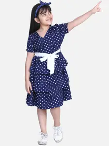 StyleStone Girls Navy Blue & White Polka Dots Printed Tiered Casual Dress