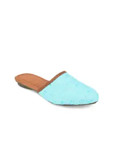 DESI COLOUR Women Blue Embellished Mules Flats