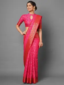 Mitera Pink & Gold-Toned Silk Blend Banarasi Saree