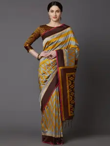 Mitera Women Grey & Mustard Striped Silk Cotton Saree