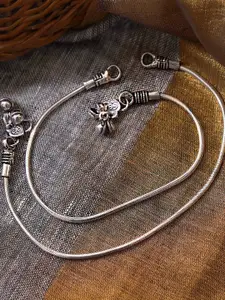 TEEJH Women Set Of 2 Oxidised Silver-Toned Anklets