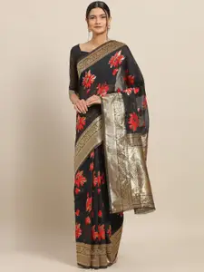 Saree mall Black & Gold Woven Design Linen Blend Sarees
