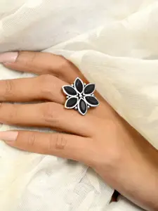 TEEJH Oxidised Silver-Toned & Back Faux Stones-Studded Adjustable Finger Ring