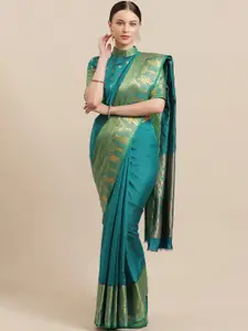 Saree mall Teal & Green Ethnic Motifs Zari Silk Blend Sarees