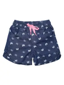 KiddoPanti Girls Blue Butterfly Printed Mid-Rise Denim Shorts