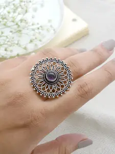 TEEJH  Oxidised Silver-Toned & Purple Stone-Studded Adjustable Floral Filigree Finger Ring