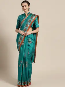 Saree mall Sea Green & Red Ethnic Motifs Art Silk Sarees
