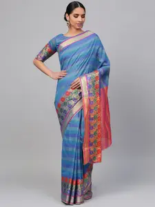 Saree mall Blue & Pink Floral Zari Silk Cotton Sarees