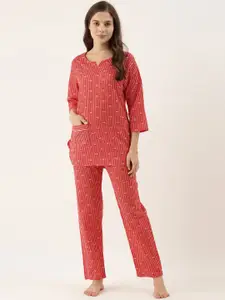 Bannos Swagger Women Red & Cream-Coloured Printed Cotton Night Suit