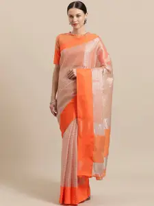 Saree mall Grey & Orange Checked Silk Blend Sarees
