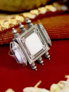 TEEJH Oxidised Silver-Toned & White Enamelled Oxidised Finger Ring