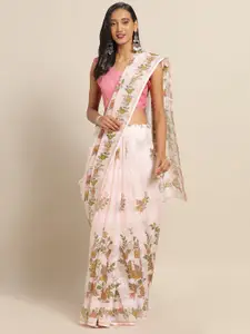 Saree mall Pink & Green Floral Linen Blend Saree