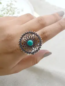 TEEJH Women Silver-Toned & Turquoise Blue Stone-Studded Oxidized Adjustable Finger Ring