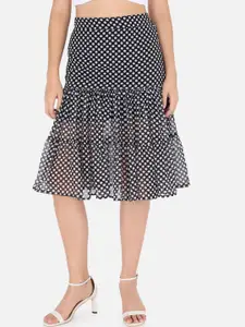 Trend Arrest Women Black & White Polka Dot Printed Tiered Skirt